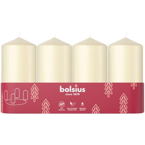 Image of Bolsius Smooth Pillar Candles - Set of 4 - Ivory - 100x48 mm - Decorative Candles - Long Burning Time - Unscented - with Natural Plant Wax - Without Palm Oil
