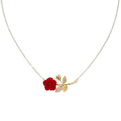 Image of Sorcristy Rose Necklace, Elegant Gold Flower Necklace Red Charms Jewelry Chain Adjustable Necklaces Gifts Red Accessories for Women Valentine's Day Birthday Mother's Day