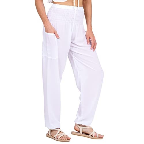Image of Lofbaz Harem Pants for Women Yoga Boho Hippie Clothing Womens Palazzo Bohemian Pajama Trousers Beach Indian Gypsy Genie Clothes - Solid 1 White M