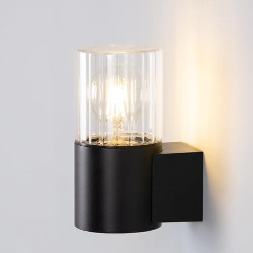 Image of DAWALIGHT Outdoor Wall Light Ribbed Glass Lampshade E27 Socket Outside Light IP44 Waterproof Uplighter Wall Lamp Sconce for Bathroom Bedroom Living Room Indoor, Aluminum, Black
