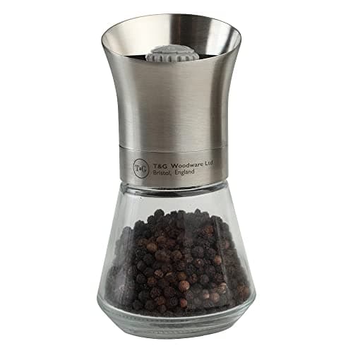 Image of T&G CrushGrind Tip Top Pepper | Peppercorn Mill with Glass Base, 12.5cm, Stainless Steel | Gourmet Fully Adjustable Ceramic Manual Grinder | Shaker | Coarse & Fine | Easy Fill