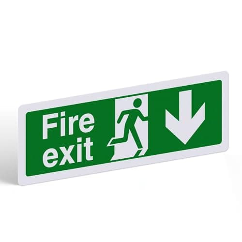 Image of Fire Exit Sign Arrow Down - 1mm PVC Rigid Plastic with Self-Adhesive Backing - Landscape - 300mm x 100mm