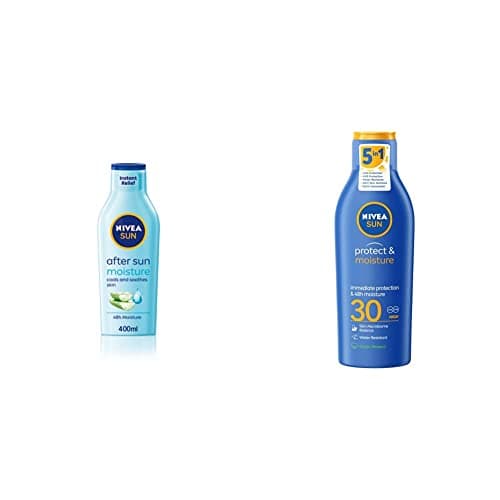 Image of NIVEA SUN After Sun Moisturising Soothing Lotion, Cooling Moisturiser with Aloe Vera & SUN Protect & Moisture Sun Lotion SPF 30, Sunscreen SPF 30 Advanced Protection