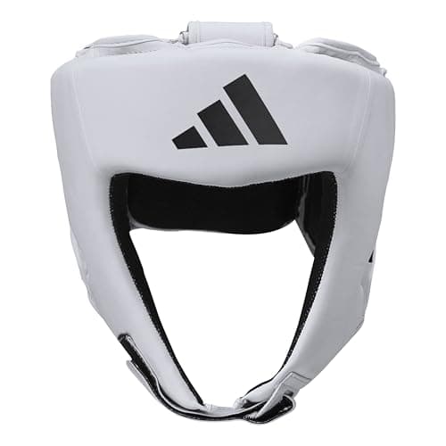 Image of adidas World Boxing Licensed Head Guard - Adjustable Non-Slip Boxing Headguard, WOB Approved, Covers the Forehead, Ears, and Cheeks, Made of Leather, with Air Cushion Foam Padding - White, M