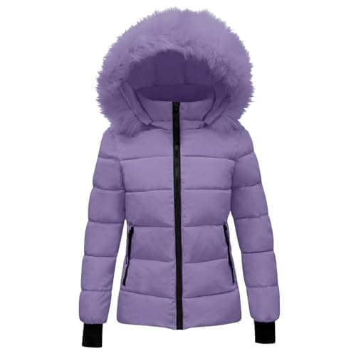 Image of duxyoz Winter Coats for Girls UK - Hooded,Warm,Padded,Quilted,Lightweight,Casual Fitted Overcome Puffer Jacket with Faux Fur Hood Purple 7-8 Years
