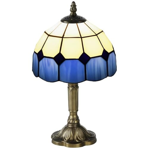 Image of HOMCOM Handmade Stained Glass Table Lamp, Tiffany-Style Bedside Lamp for Bedroom, Living Room, Home, Nightstand, Decorative Night Light, Blue