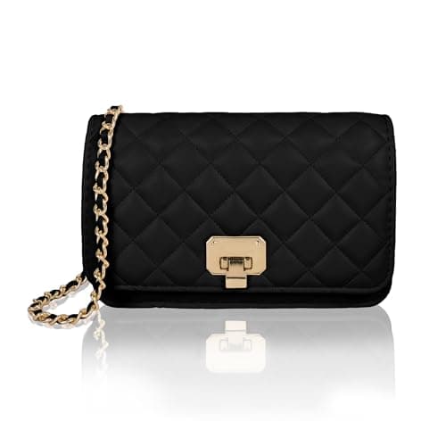 Image of Ladies Shoulder Bag Small Flap Crossbody Bags, Quilted Designer Handbags Black Evening Clutch PU Leather Mobile Phone Bags with Chain Strap & Buckle Closure for Banquet Holiday Night Out Daily Life