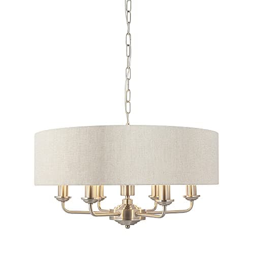 Image of CELESTE Decorative Pendant Ceiling Light - Brushed Chrome 6 Way Multi Arm Pendant with Natural Coloured Fabric Shade - Height Adjustable Indoor Dimmable Light