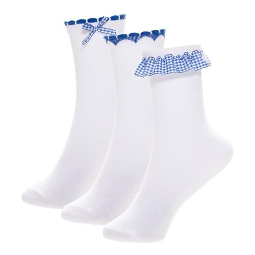 Image of A2Z 4 Kids Girls 3 Pack Gingham Lace Trim Socks Cotton Rich School Ankle Socks with Frill - Socks Gingham AZ1453 3 Pack Blue 3-6