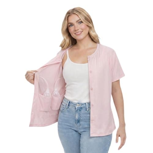Image of USBD Post Mastectomy Shirt with Drain Pockets, Crew Neck Button Front Recovery Top, Soft Cotton Blend (X-Large, Light Pink)
