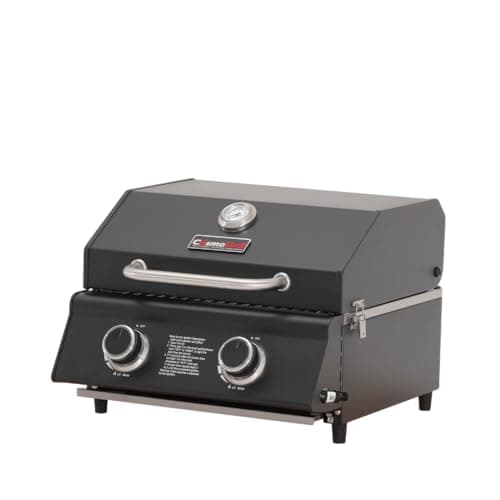 Image of CosmoGrill Compact Black 2 Burner Gas Barbecue, Built-in Temperature Gauge for Patio Terrace, Camping, Home Garden Party Outdoor BBQ Table Top Cooking
