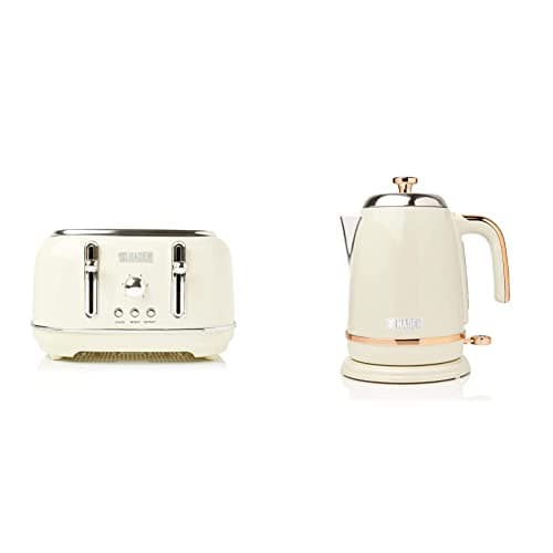 Image of Haden Highclere 4 Slice Toaster with Reheat and Defrost Functions, Cream & Salcombe Cordless Kettle - Electric Kettle, 3000W, 1.7 Litre, Cream & Copper