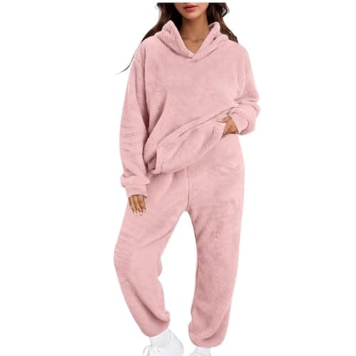 Image of NSICBMNO Pink Two Piece Outfit Women Velour Tracksuit Full Set Fleece Hoodie Baggy Joggers Winter Lounge Sets Sweatsuits Oversized Sweatshirts Fluffy Trousers Casual Co Ord Sets Airport Outfits
