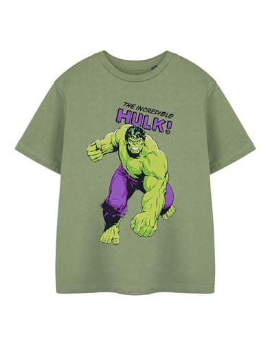 Image of Marvel Kids Boys Sleeved T-Shirt in Khaki | The Hulk Graphic Tee for Kids | Short Sleeve Comics Apparel | Green Hulk Logo Shirt | Superhero Movie Merchandise Gift for Children & Teens