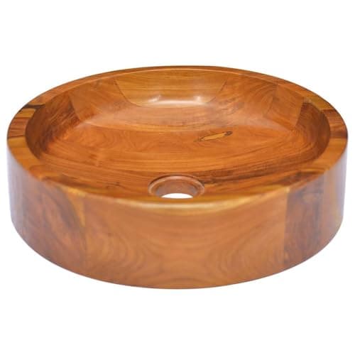 Image of vidaXL Solid Teak Wood Basin - Φ40x10 cm Brown Wooden Sink, Kiln-Dried, Fine Sanded Finish, Assembly-Free, Suitable for Everyday Use, Easy to Clean