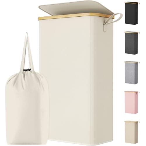 Image of Lifewit 75L Slim Laundry Basket with Lid, Narrow Laundry Bin with Removable Bag & Bamboo Handles, Foldable Thin Dirty Clothes Hamper for Laundry, Bathroom, Bedroom, Dorm (White)
