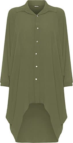 Image of WearAll® Women's Plus Batwing Shirt Dress Long Sleeve Dip Hem Hi Lo Button Collar Ladies - Khaki Green - 16-18