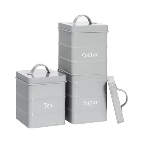 Image of Harbour Housewares Metal Tea Coffee Sugar Canister Set - Grey - 3pc Vintage Retro Food Storage Preservation Canister Caddy Container Tin with Airtight Fit Lid for Kitchen Organisation & Home Décor