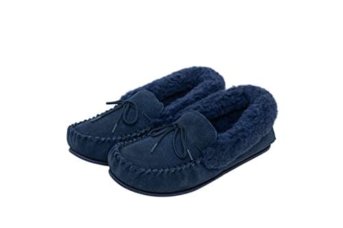 Image of Nordvek Womens Sheepskin Slippers - Wool Lined Moccasins - Non-Slip Hard Sole # 417-100 [Navy] [4 UK (37 EU)]