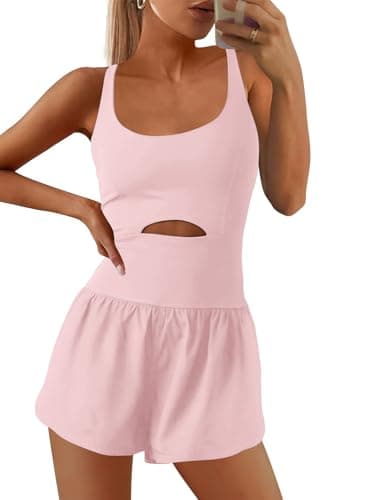 Image of SENSERISE Womens Workout Rompers Athletic Romper Running Onesie One Piece Exercise Jumpsuits Gym Yoga Outfits, Cherry Pink, XS