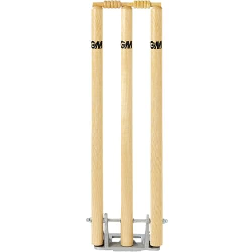 Image of Gunn & Moore GM | Cricket Springbak Wicket 3 Stumps with Bails | Wood on Cast Iron Metal Base | Coil Spring Loaded Self-Righting | Regulation Height 28" Size out of Ground | Natural