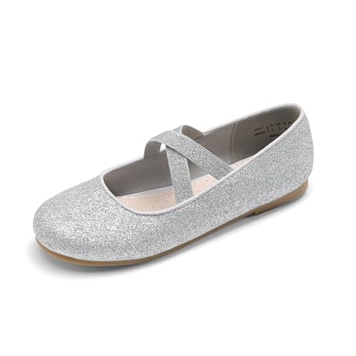 Image of DREAM PAIRS Girl's Ballet Flat Kids Mary Jane Flower Dress Shoes for Wedding Party,Size 4 Big Kid,Silver,Angie-2