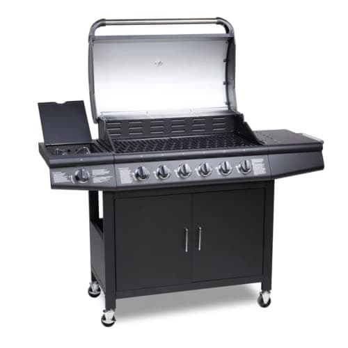 Image of CosmoGrill Pro Deluxe 7 Gas Burner 6+1 Barbecue Grill Steel Warming Rack, Side-Burner, Built-in Temperature Gauge and Weatherproof Cover (Black)