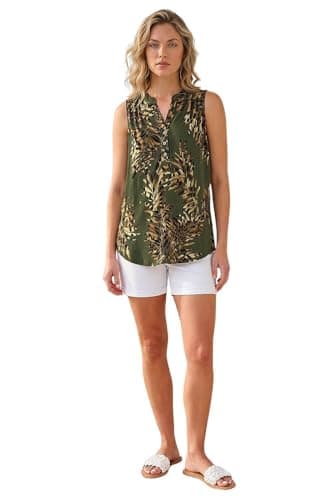 Image of Roman Originals Sleeveless Shirt for Women UK Ladies Vest Tank Top Summer Smart Blouse Stretchy Jersey T-Shirt Casual Spring Holiday Party Beach Vacation Notch Neck - Leaf Green - Size 16