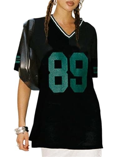 Image of LYSINK Women Oversized Jersey Shirts Y2k Number Graphic T-Shirt Summer Short Sleeve V Neck Loose Streetwear Top (B-Black, M)