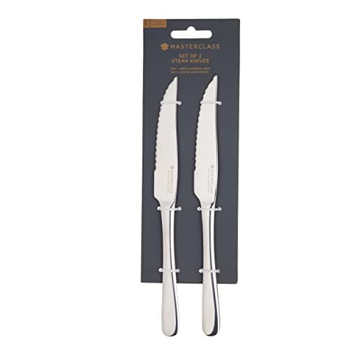 Image of MasterClass Steak Knives Set, Two Stainless Steel Knives for Steak, Serrated Edges for Effortless Cutting, Stain and Corrosion Resistant, Dishwasher Safe, Silver