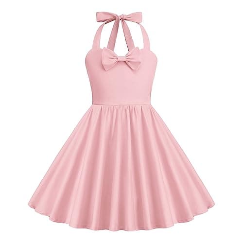 Image of Girls' Dresses 40s 50s Vintage 1950s Rockabilly Kids Summer Sleeveless Halter Bowknot A-line Pleated Skater Swing Wedding Bridesmaid Birthday Party Evening Prom Flower Girl Dress Pink 11-12 Years