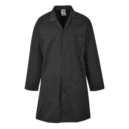 Image of Portwest 2852 Standard Lab Coat Unisex Work Jacket Chore Coat Durable Kingsmill Polycotton Professional Workwear 3 Pockets Stud Front, Black, S