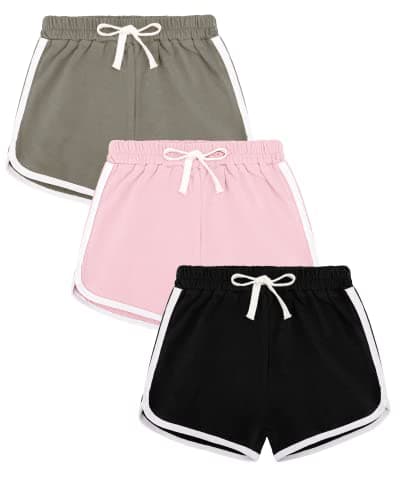 Image of Auranso Girls Athletic Shorts 6-14 Years Teen Kids Running PE Gym Sports Shorts Colourful Summer Casual Beach Short Pants 3 Pack Black Pink Grey, 10-12 Years