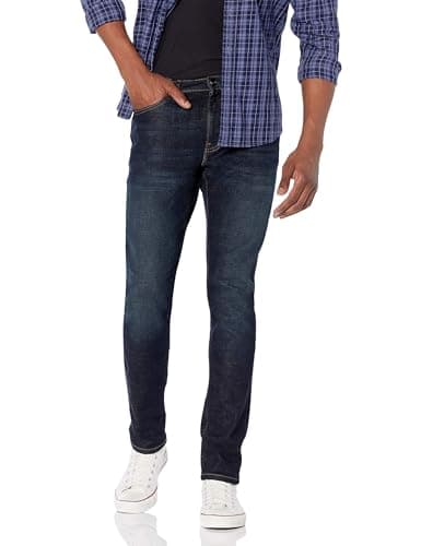 Image of Amazon Essentials Men's Skinny-Fit Stretch Jean - Discontinued Colours, Dark Indigo/Rinsed, 38W / 28L