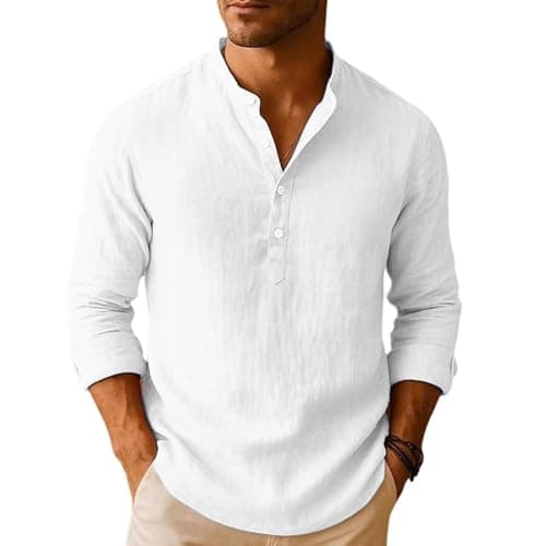 Image of Henley Shirt for Mens UK Stand Collar Cotton Shirts Button Down Formal Shirt Long Sleeve Blouses Solid Color Classic Regular Fit Shirts Office Work Tops for Mens Daily S-XXL