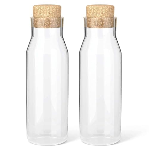 Image of HEFTMAN Set of 2 Glass Carafe, 1 Litre, Clear Glass Bottle for Hot and Cold Drinks, Water Carafe Glasses with Cork Lid, Refillable Fabric Softener Cans with Stopper, Pack of 2
