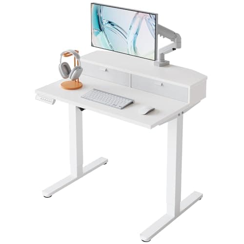 Image of HUANUO 80 x 53 cm Small Electric Standing Desk with Drawers, C-Clamp Mount Compatible, Height Adjustable Sit Stand Desk, Home Office Stand Up Desk with 4 Memory Height Settings, White