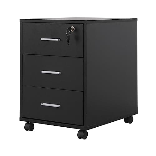 Image of Mobile Lockable File Storage Cabinet with 3 Drawers on Wheels Under Desk Wood Beside Cabinet Pedestal for Unit Document Home Office Printer Stand Filing Side Drawers Nightstand on Caster (black#2)