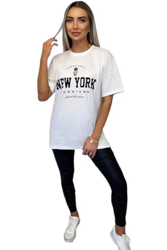 Image of T-Shirts for Women Short Sleeve Round Neck Oversized Slogan Printed Tshirt Long Casual Summer Baggy Fashion Ladies Tees Plus Size Tshirts Tops New York Down Town-White-XL