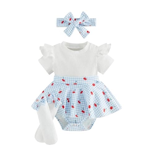 Image of BeliBacca Infant Baby Girl Summer Cute Outfits Short Sleeve Ruffle Cherry Plaid Romper Dress Headband Socks Set One Piece Jumpsuit Newborn Ribbed Knit Clothes (Sky Blue, 0-3 Months)