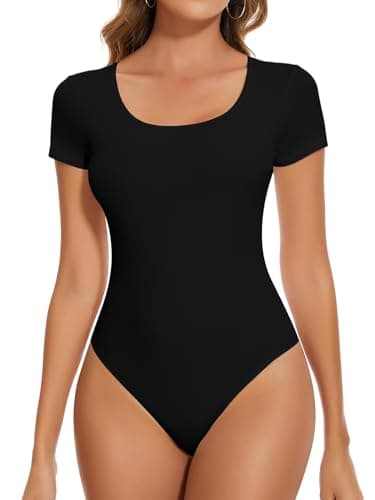 Image of SHAPERIN Women Short Sleeve Bodysuit Crew Neck Thong Bodysuit Top Basic Summer Tshirt Leotard,Black, M