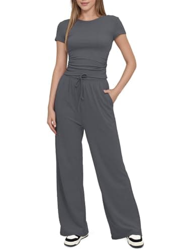 Image of SotRong Two Piece Summer Outfit Women Fashion Leisure Suits Gym Tracksuit Full Set Short Sleeve Crop T-shirt Straight Leg Pants Matching Set Casual Comfy Loungewear Homewear Nightwear Dark Grey S