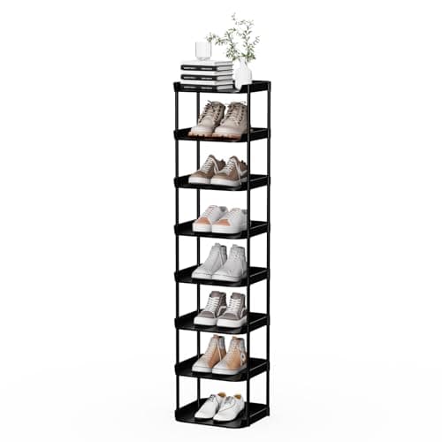 Image of Altdnmaf 8 tier Narrow Shoe Storage Rack, Compact Single Shoerack Stand for Slim Space, Stackable Tall Thin Show Tower, Solid Plastic Shelves, for Hallways, Kitchens, Bedrooms Tidy Organizer, Black