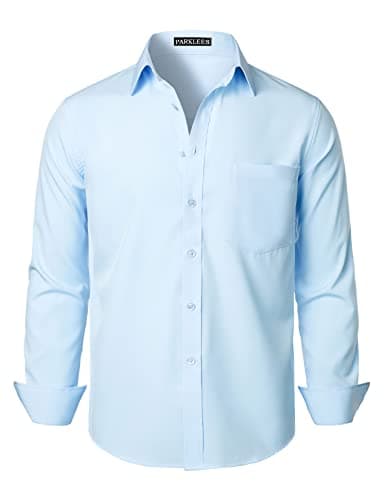 Image of PARKLEES Men's Regular Fit Dress Shirt Solid Wrinkle-Free Long Sleeve Casual Business Button Up Shirts with Pocket PZSSCL05-Sky Blue L