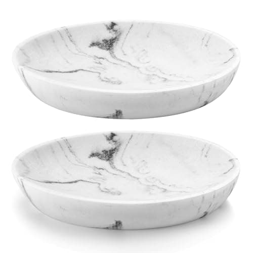 Image of Luxspire Soap Dish 2 Packs, Resin Soap Tray Soap Holder Container Box, Marble Pattern Oval Soap Plate Case, Sponge Dish Scrubbers Tray Holder for Bathroom Vanity Shower Kitchen Sink, Gravel White