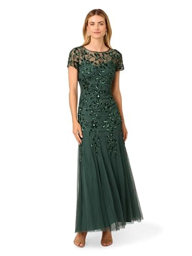 Image of Adrianna Papell Womens Bead Long Dress with Godets, Dusty Emerald, 14