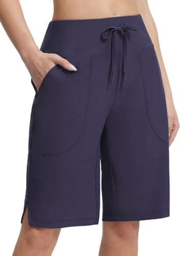 Image of baleaf Women's 11" Bermuda Swim Shorts High Waisted Beach Board Shorts with Pockets Quick Dry Drawstring Swimming Bottoms Navy Blue L
