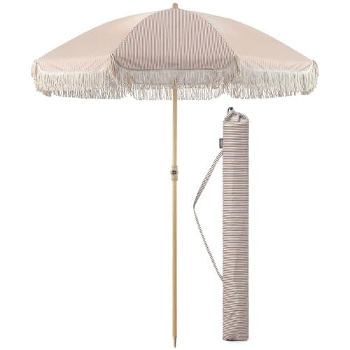 Image of CHRISTOW Portable Garden Parasol with Tilt, 2m Cotton Tassel Beach Umbrella, Outdoor Patio Sunshade, Tilting Canopy, Wood Effect Steel Pole, UV50+ Sun Protection, Water Resistant, Bag (Taupe Stripes)