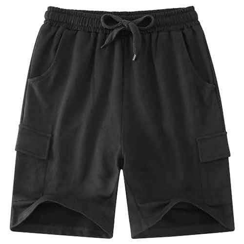 Image of Kids4ever Boys Shorts Kids Black Sports Jogger Shorts Summer Cotton Soft Jersey School Shorts Lightweight Drawstring Elastic Waist Casual Short Pants for 8-9 Years