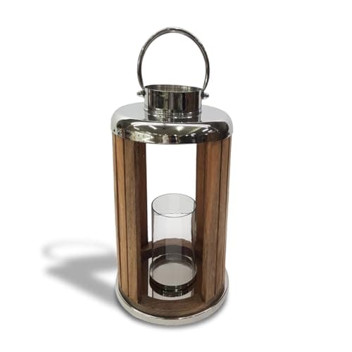 Image of Elm Home And Garden Mango Wood and Stainless Steel Lantern - Glass Hurricane Candle Holder - Rustic Modern Decorative Lantern for Use - Natural Wood and Silver (48cm High x 26cm Wide x 26cm Deep)